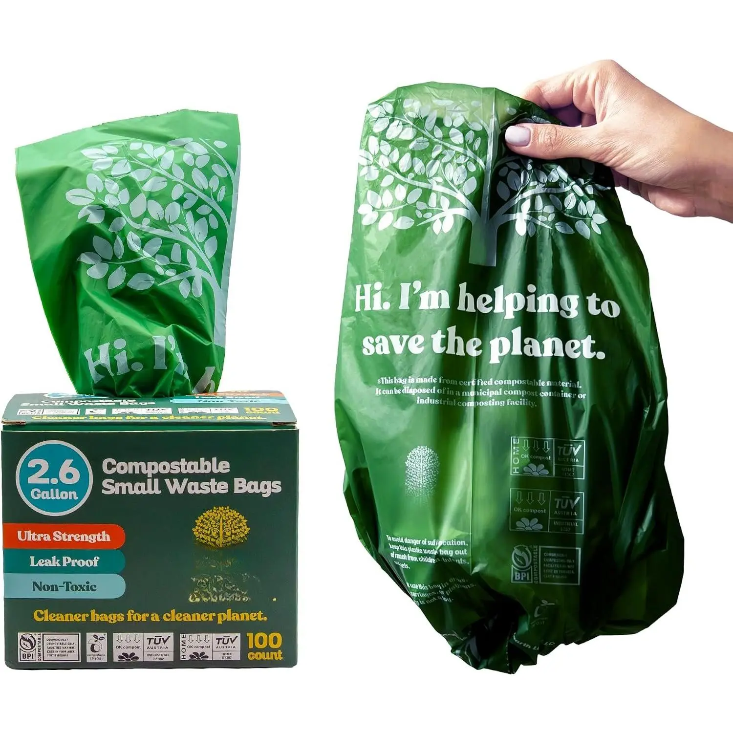 2.6 Gallon Compostable Trash Bags - 100 Count Small Trash & Kitchen Compost Bags for Countertop Bins, Extra Thick -Based  Scrap Liners, BPI & TUV Certified ASTM D6400