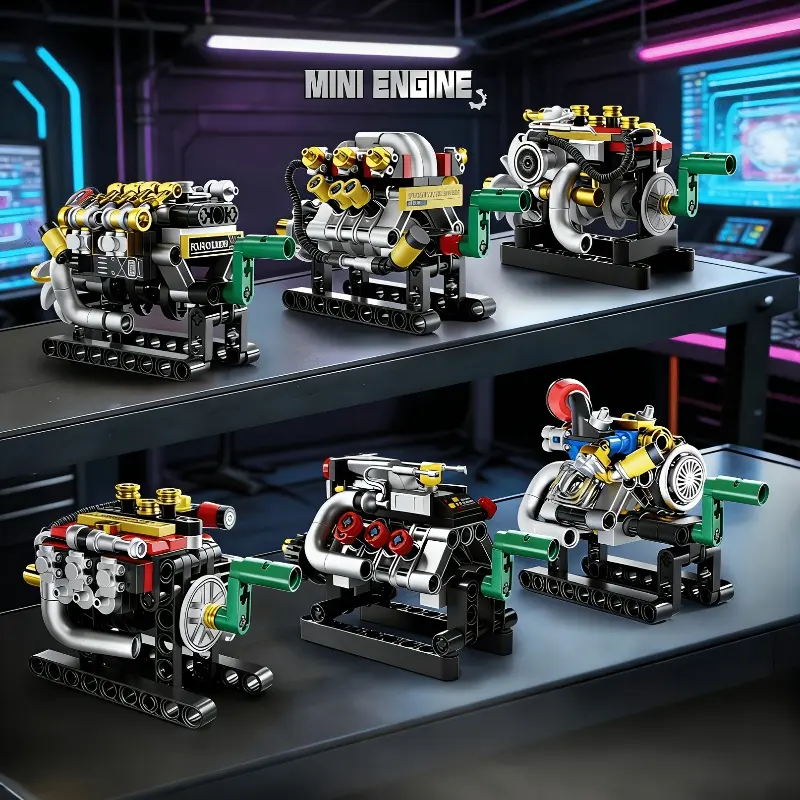 615pcs 6-Set Engine Building Blocks Model Kit Steam Engines, Durable Mechanical Engineering Training Creations, Gift for Model Enthusiasts (NO BOX)
