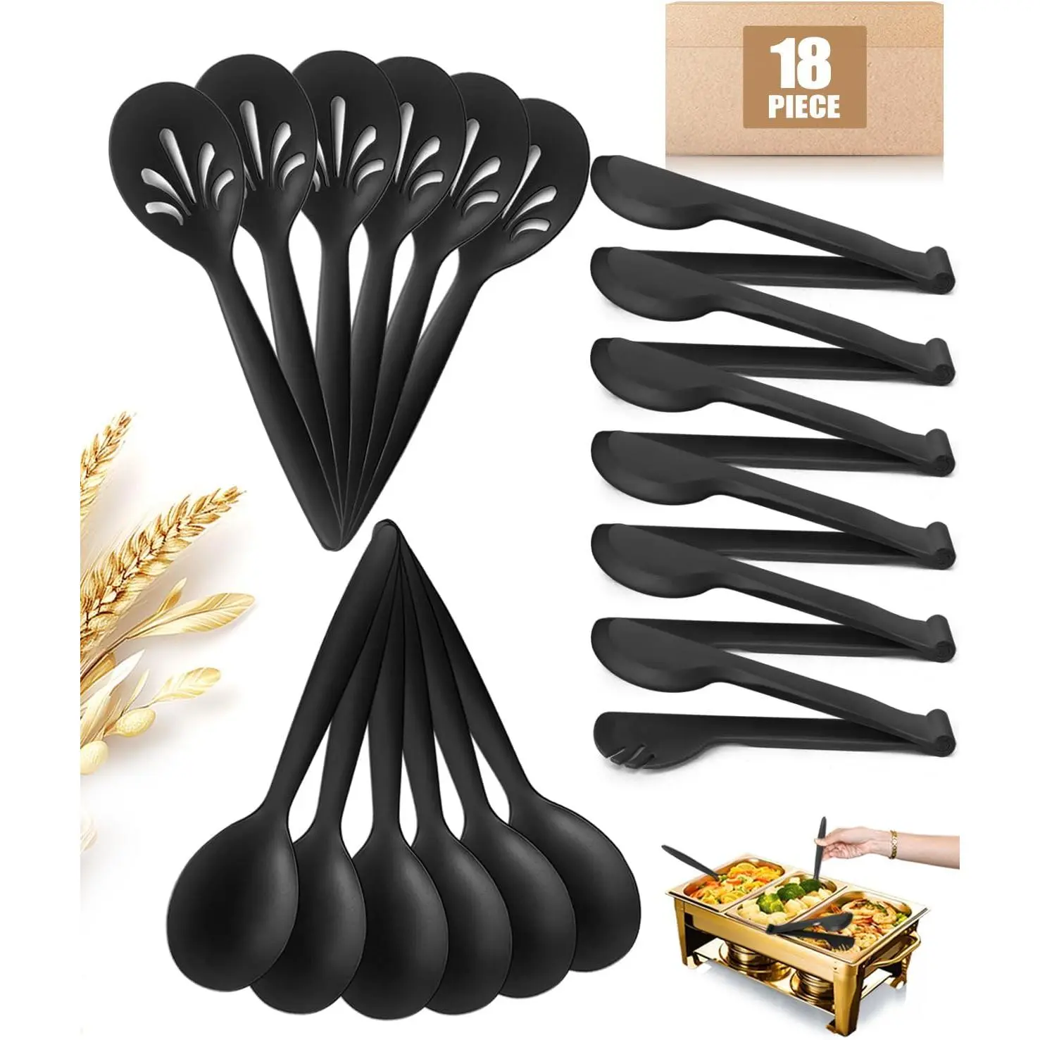 Plastic Serving Utensils Set of 18, Wheat straw Large Serving set 10" Serving Spoons/10" Slotted Spoons/9.4" Tongs, for Party Chafing Dish Buffet Catering (Black, Not for Cooking)