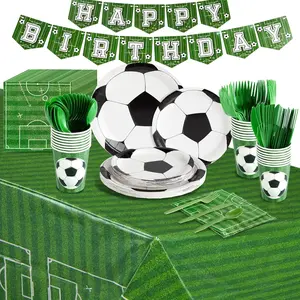 171- Soccer Party Decoration Set - Serves 24, Green Soccer Ball  - Includes Cups, Plates & Napkins - Birthday Banner & Tablecloth for Birthday Party Decoration