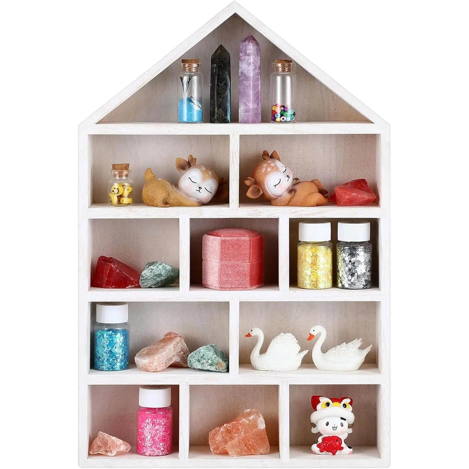 House Shaped Wooden Shadow Cubby Box 10 W x 2 1/4 D x 15 H  Display Shelf Organizer Wall Mounted Curio Cabinet Wooden Display Case Miniature Shelf for Figures( Color)
