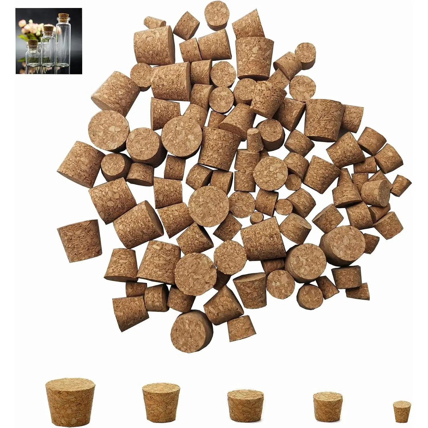 Cork Stoppers - 100-Pack Mini Cork Stoppers, Tapered Corks Bottle Plugs, 5 Sizes