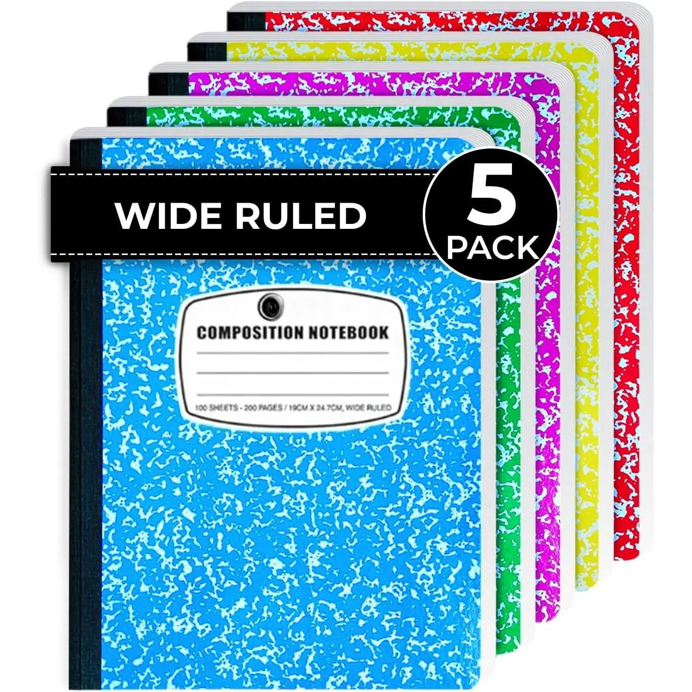 5 Pack Composition Notebooks Wide Ruled, Color Marble Notebooks | Hard Cover Composition Books, 200 Pages (100 Sheets), 9-3/4" x 7-1/2", No Bleed Pages, Hard Cover,  to School Supplies