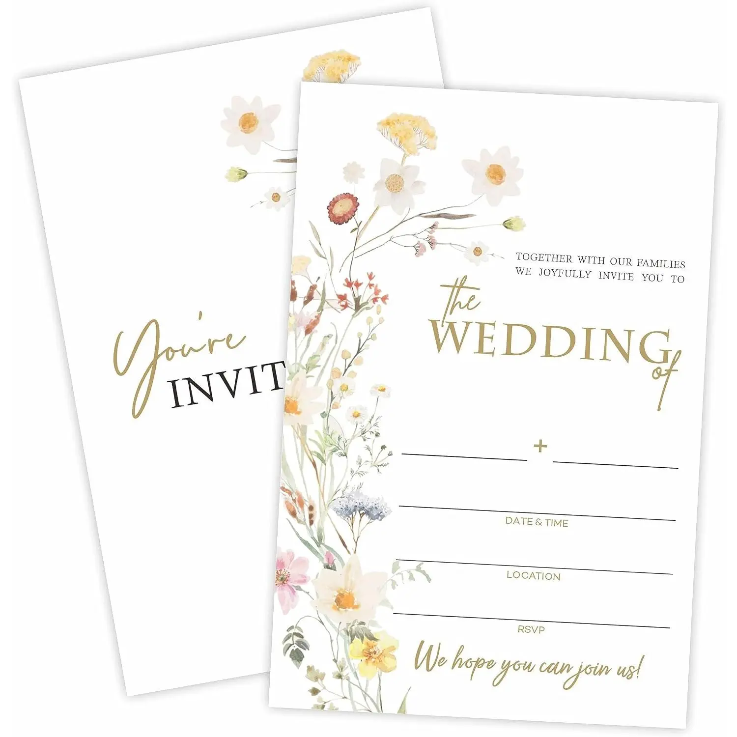 Floral Wedding Invitations, 25 Boho Wildflower Wedding Invites With Envelopes, Double-Sided Fill In Style Invites For Mr & Mrs, Party Favor And Supplies - A13