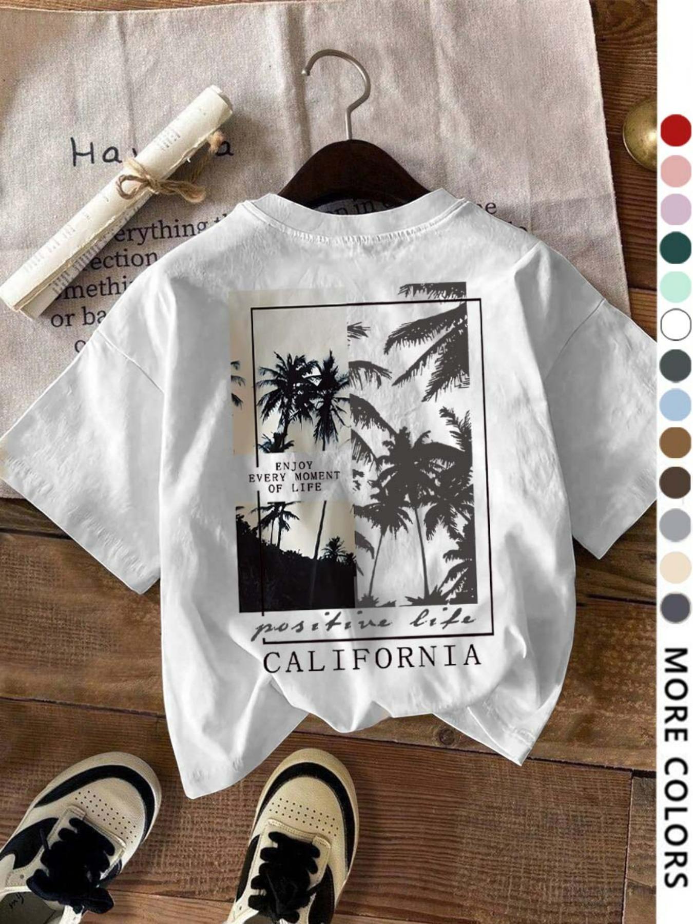 Women's Letter & Tree Print Round Neck Tee, Fashion Casual Short Sleeve T-shirt for Daily Wear, Ladies Summer Clothes