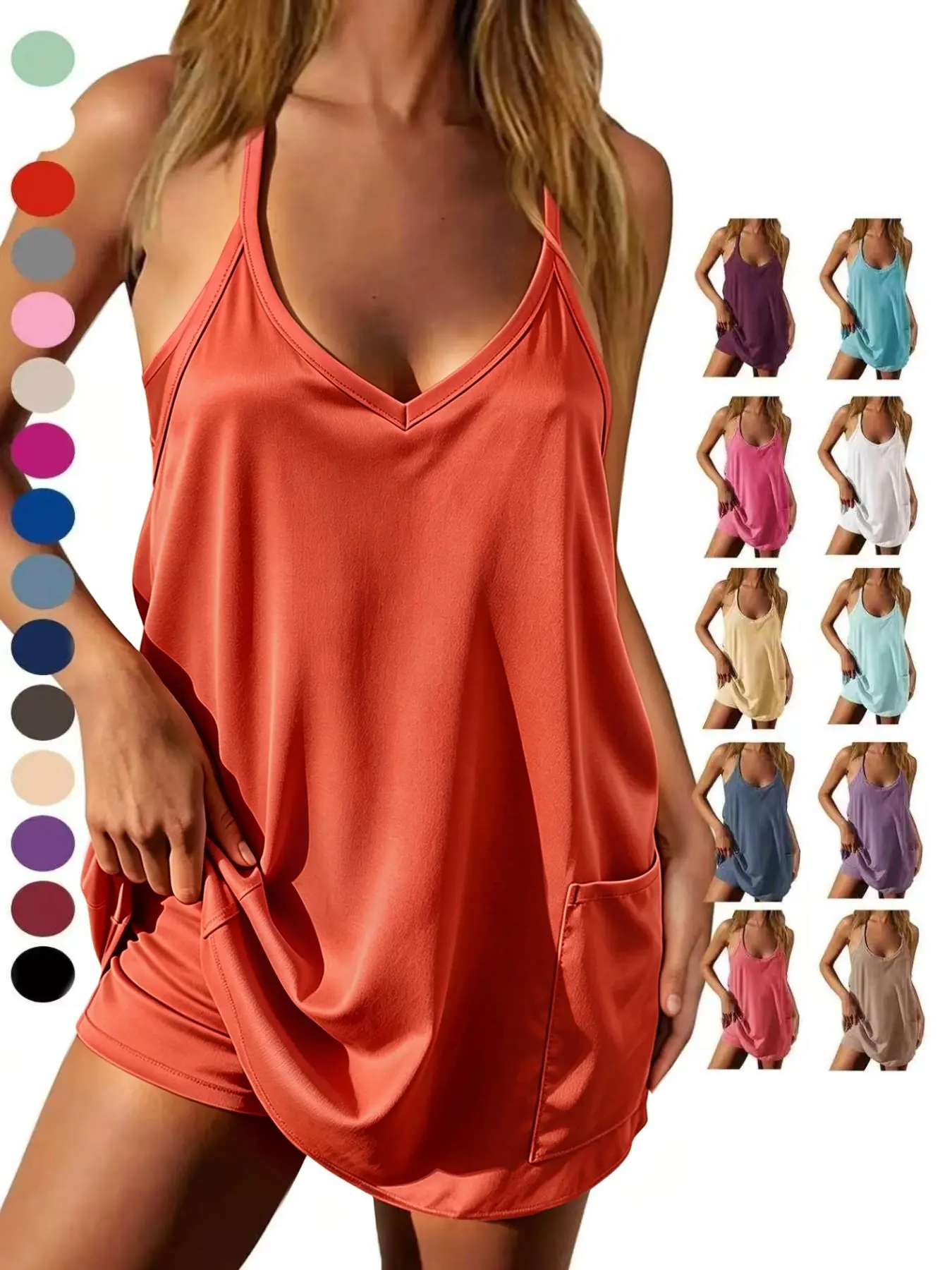Women's Summer Sleeveless Mini Dress with Built In Shorts, V Neck Spaghetti Straps, Casual Loose-Fitting Dress with Pockets, Tank Top Dress