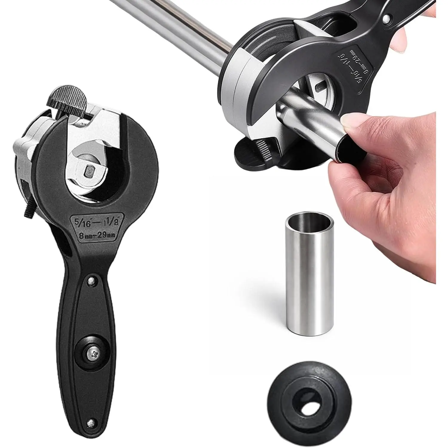 Ratchet Pipe Cutter, 2-in-1 Ratcheting Pipe Cutter Tool for Tight Spaces, for Copper and PVC, Close Quarters Tubing Cutter for 8–29mm Pipes (5/16–1-1/8 (8–29mm))