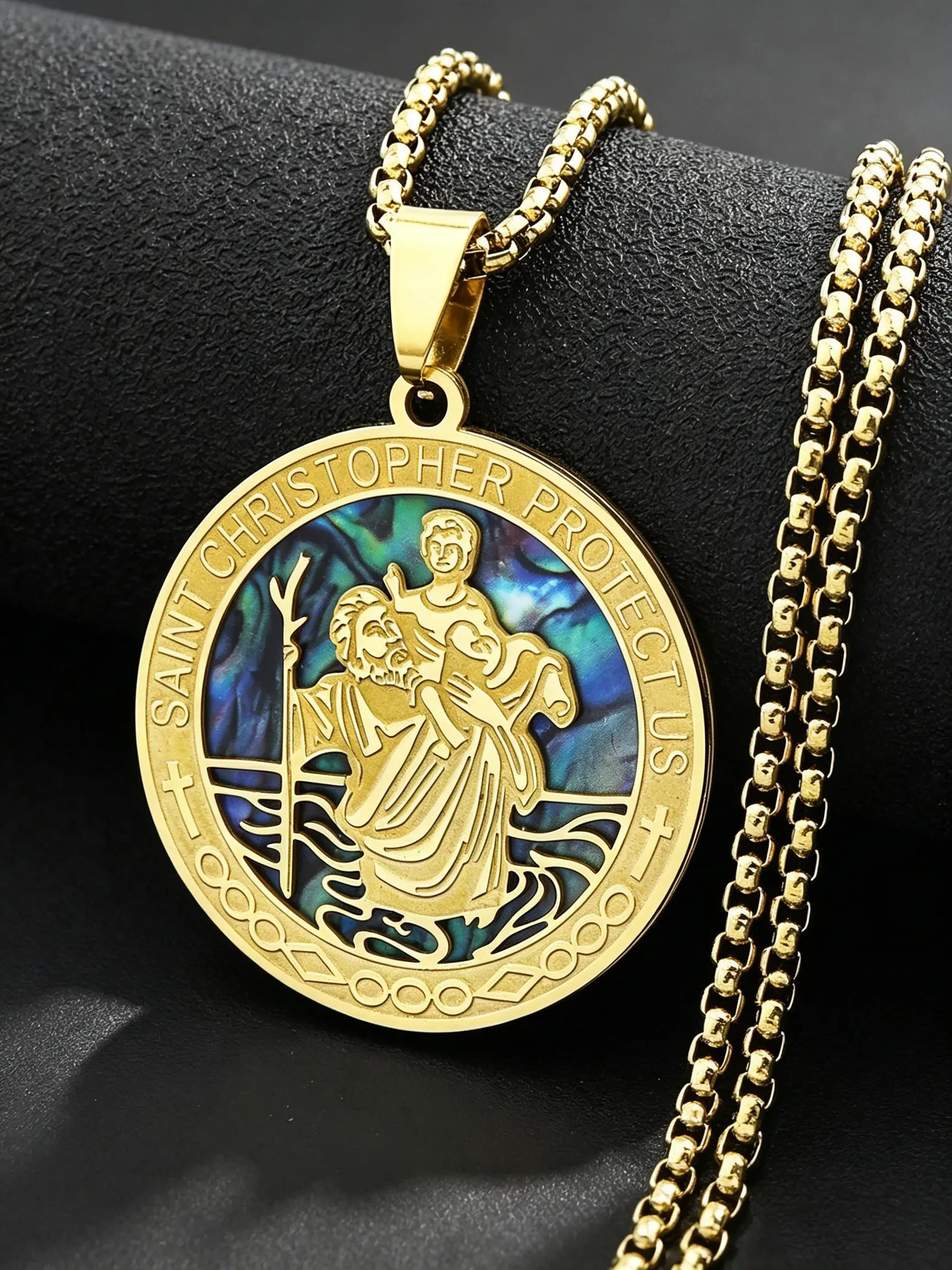 Saint Christopher Protect Us Round Faith Pendant Necklace for Women Men Stainless Steel Gold Color Christian Amulet Chain Jewelry