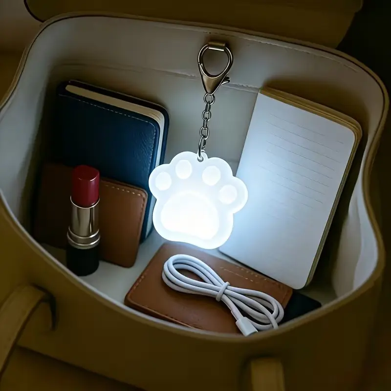Handheld Light, Touch-Activated Keychain Lamp with Clip and Hook, Rechargeable Wallet Bag Light, Cat Paw Design, for Women and Girls