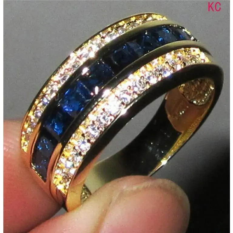 18K Gold Plated Square Sapphire Ring With Full Paved Stones, Shiny Finger Jewelry For European American Men And Women Daily Wear