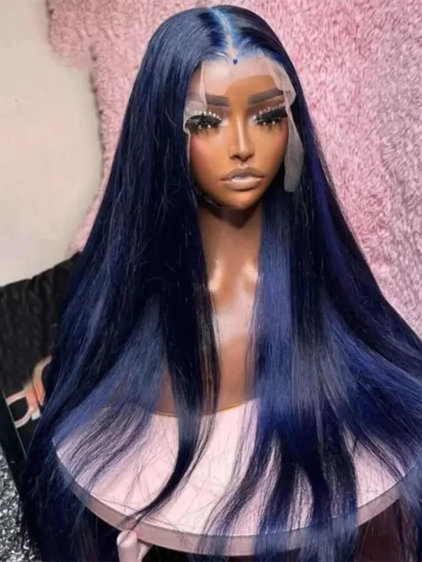 Deep Blue Smooth Straight Synthetic Wig, 30 Inches Long, 180% Density, Role Play Daily Use, 13x4x1 Lace Front Full Cap, Heat Resistant Fiber Hair