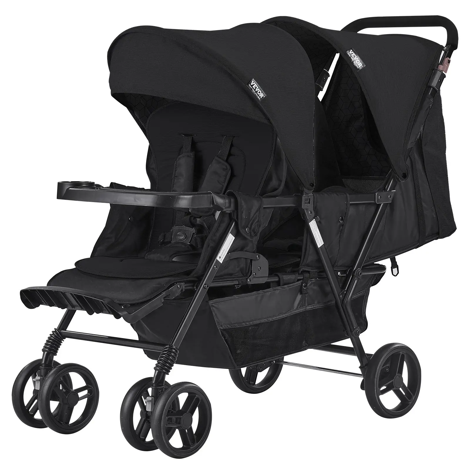 VEVOR Lightweight Foldable Tandem Double Stroller with Tandem Seating, Adjustable Backrest, Adjustable Footrest, Wrap Harness, Storage Tray, Storage Basket, Push Handle, for Newborns (Newborn Baby Stuff), Outdoor Walks (Black)