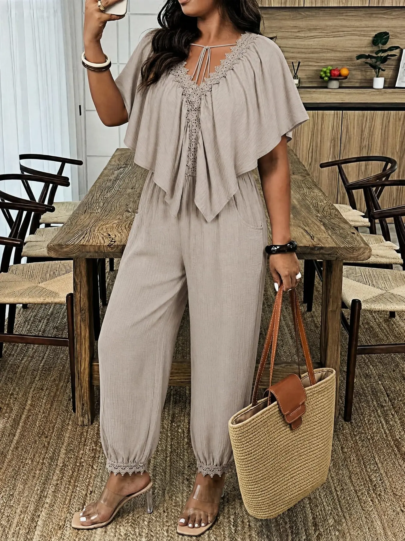 Plus Size Women's Casual Bohemian Comfortable Plain Pocket Batwing Sleeve Jumpsuit, casual palazzo jumpsuits, Womenswear, Daily Wear, Stylish Loose-Fit High-Waisted Jumpsuit