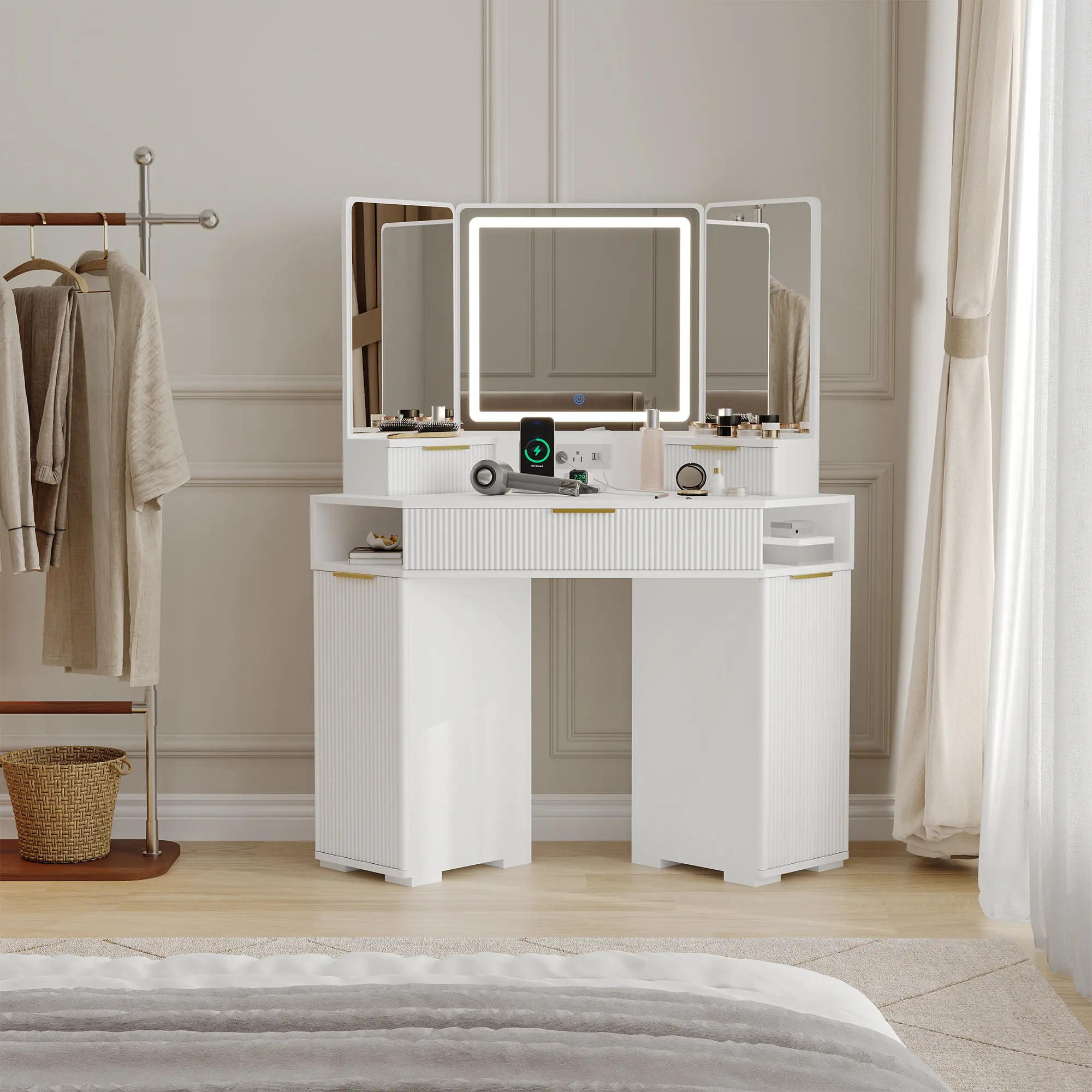 Sturdy Corner Makeup Vanity Desk with Lighted Large Mirror, Wooden Table with Touch Lights, Charging Station, 3 Drawers, Storage Cabinets, Open Shelves for Bedroom Vanity & Makeup Organization