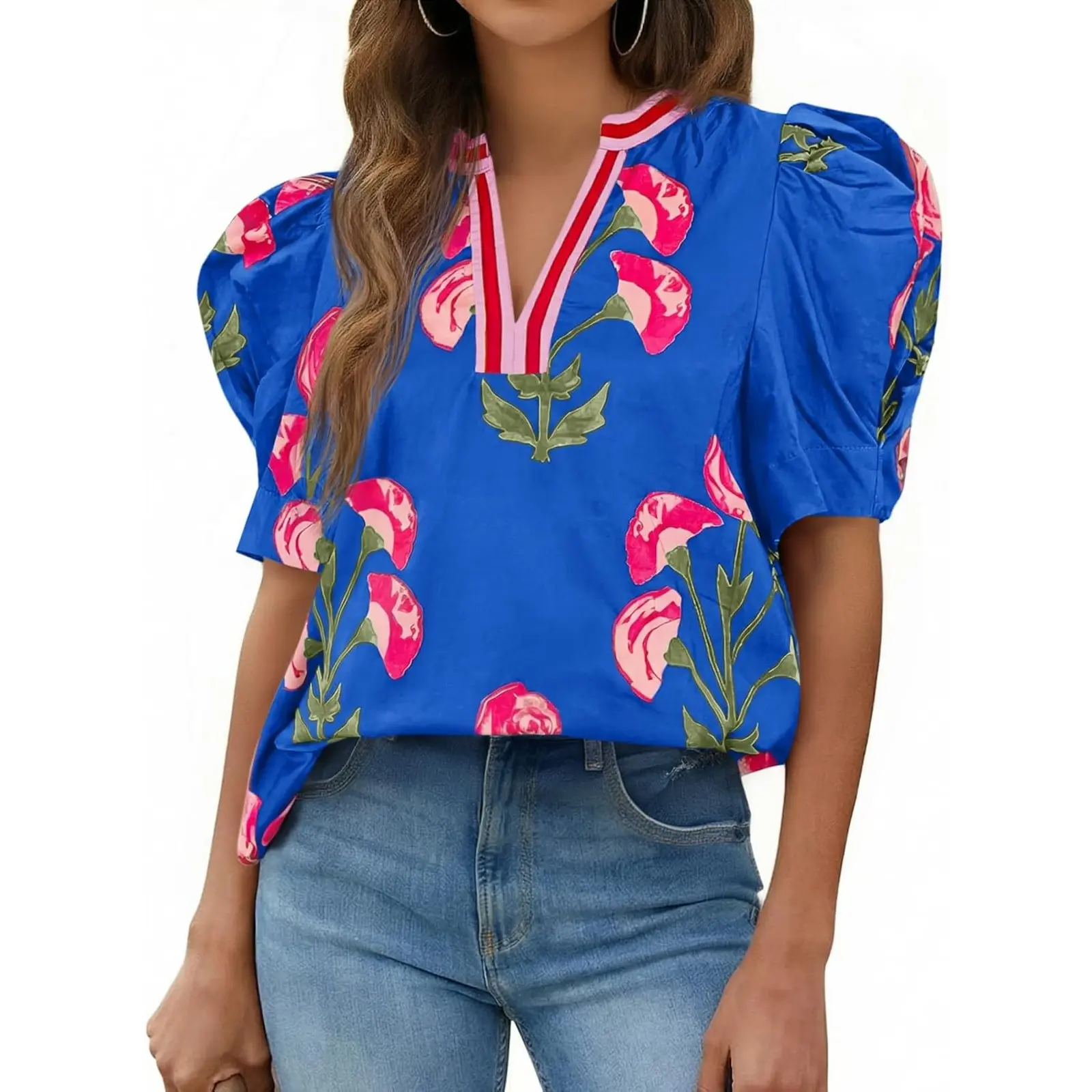 Cicy Bell Women's Puff Short-Sleeve Floral V-Neck Polyester Blend Blouse - Women's Tops and Blouses, Dressy Tops, Casual Wear Boutique Shirt