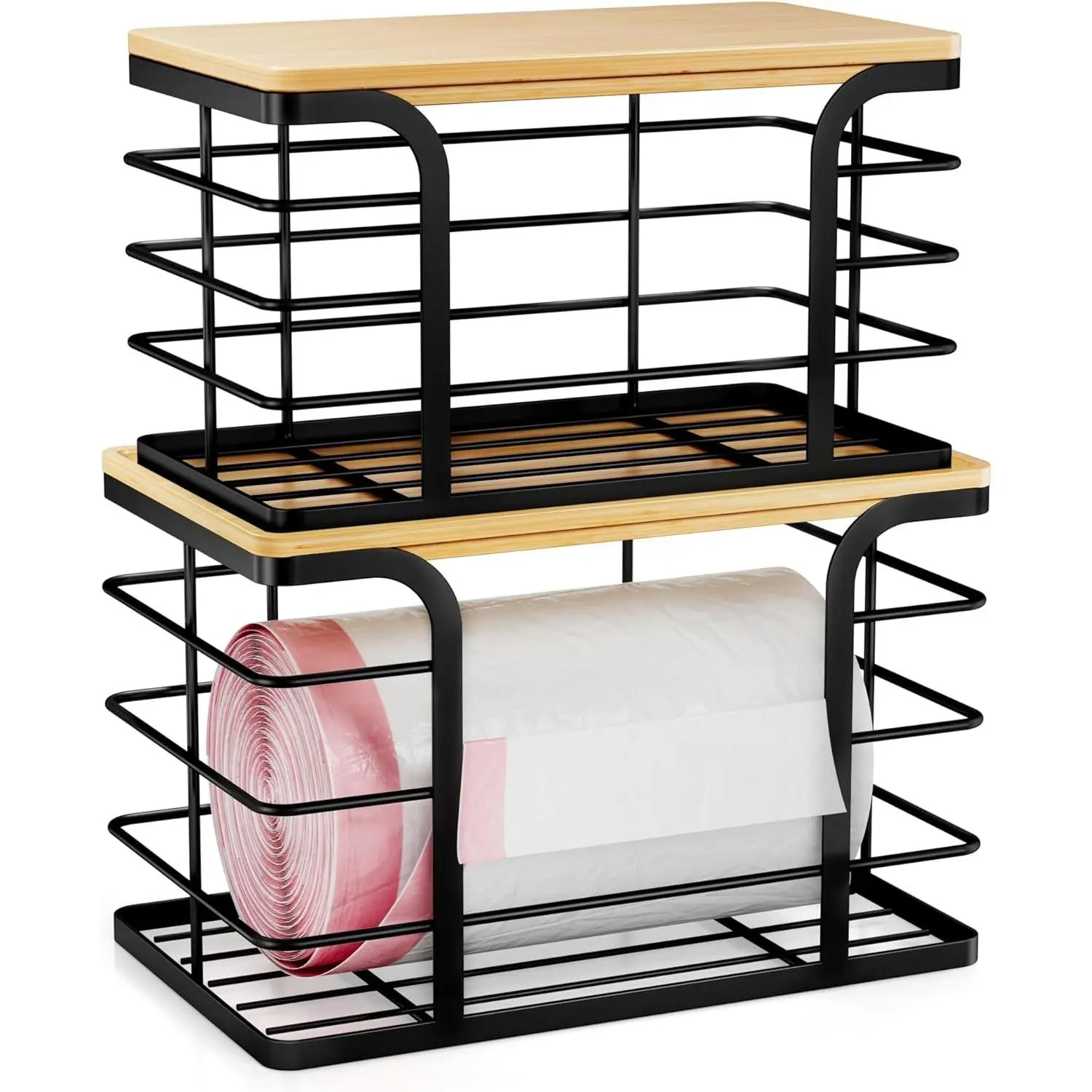 2 Pack Stackable Storage for Kitchen Laundry Pantry Organizers,Trash Bag Holder with Bamboo Top,Wall Mount Garbage Bag Dispenser,Black Large and Small