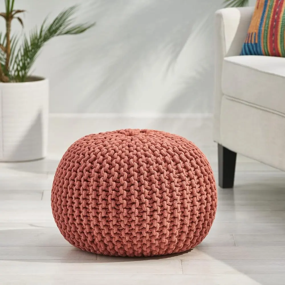 Handcrafted Modern Cotton Pouf Ottoman, Coral Accent Foot Stool, Soft Round Floor Cushion, Boho Decorative Ottoman for Living Room, Bedroom, Nursery, Home Decor, Comfortable Seating Stool, Handmade Fabric Pouf for Sofa, Chair & Lounge Area
