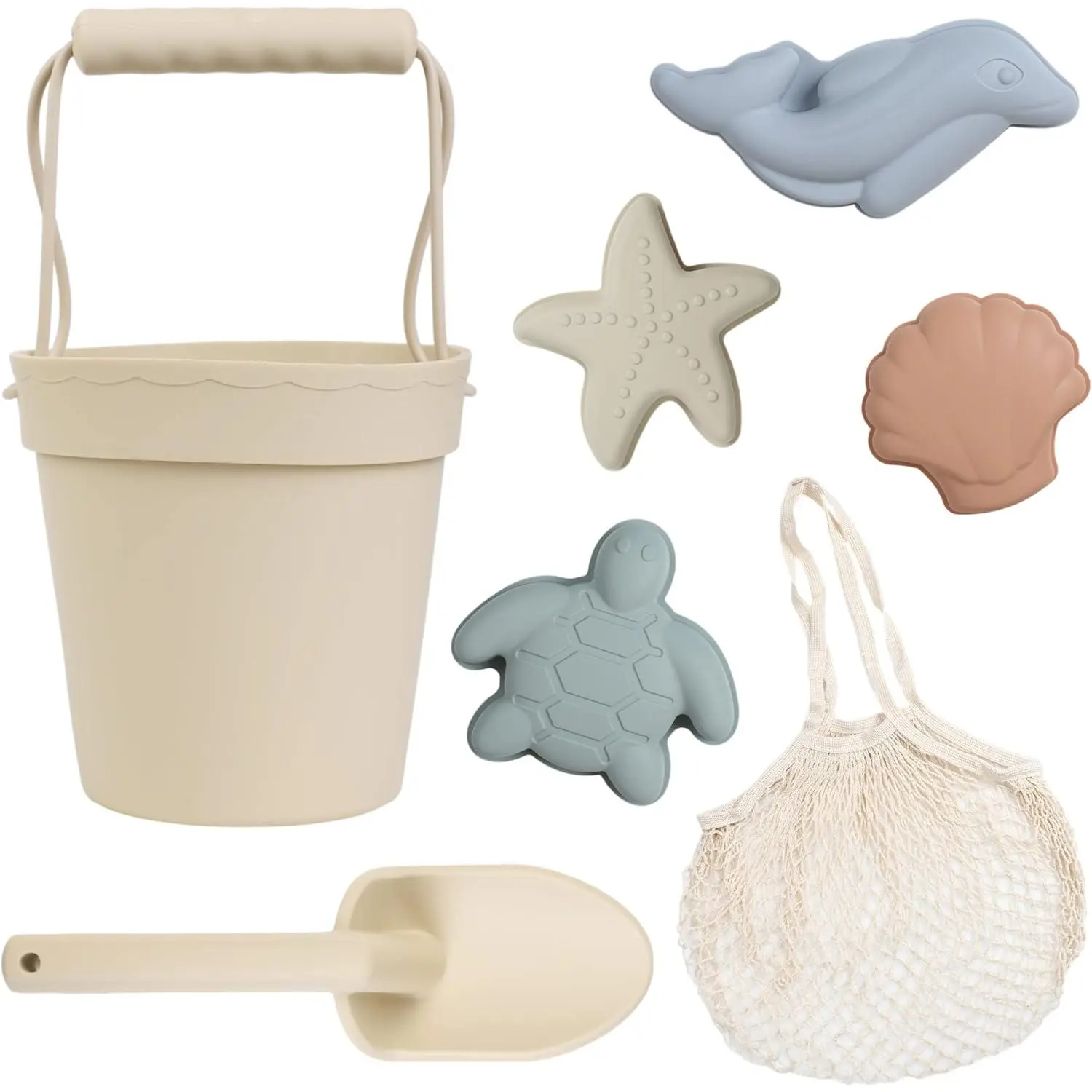 Silicone Beach Toys Set for Toddlers Kids - Travel Friendly Silicone Bucket, Shovel, 4 Sand Molds & Beach Bag Included - Modern Baby Beach Toys in Beige