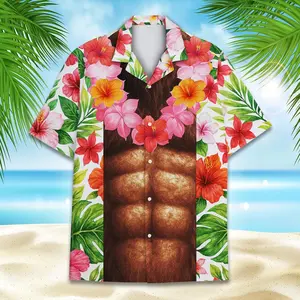 Funny Muscle Chest Hawaiian Shirt Men Women Youth, Bigfoot Abs Aloha Shirt with Tropical Flowers, Summer Beach Party Shirt Button Down