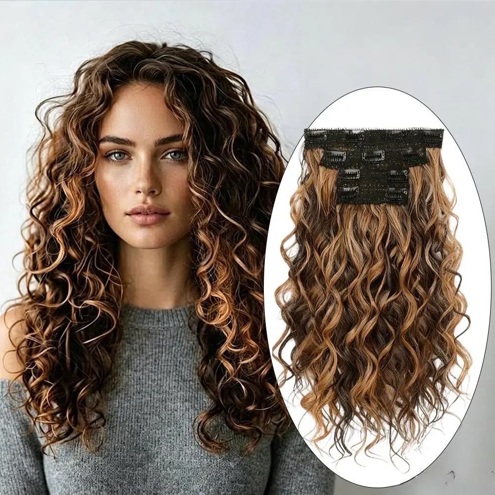 Curly Wave Clip In Hair Extensions 16 Inch, 4PCS Volume Hairpieces Set with , Scrunchies & Wide Tooth Comb for Women outdoorfun clip hair extensions chocolate brown wig length instant claw
