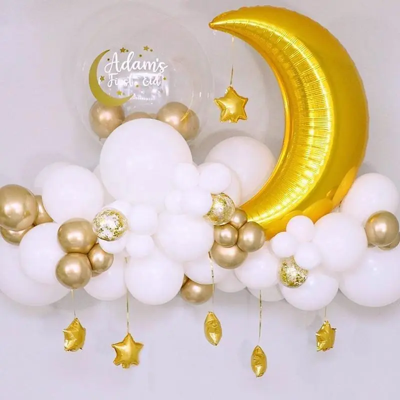 Eid Mubarak Decoration Kit, 60 Pcs Moon and Star Foil Balloon Garland for Ramadan Kareem Home Party Supplies, As Picture
