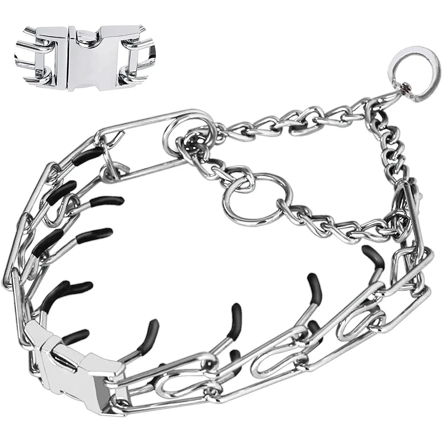 Prong Pinch Dog Collar with Quick Release Buckle – No Pull Training Collar for Small, Medium & Large Dogs, Adjustable, Includes 2 Extra Links and 20 Rubber CapsGift