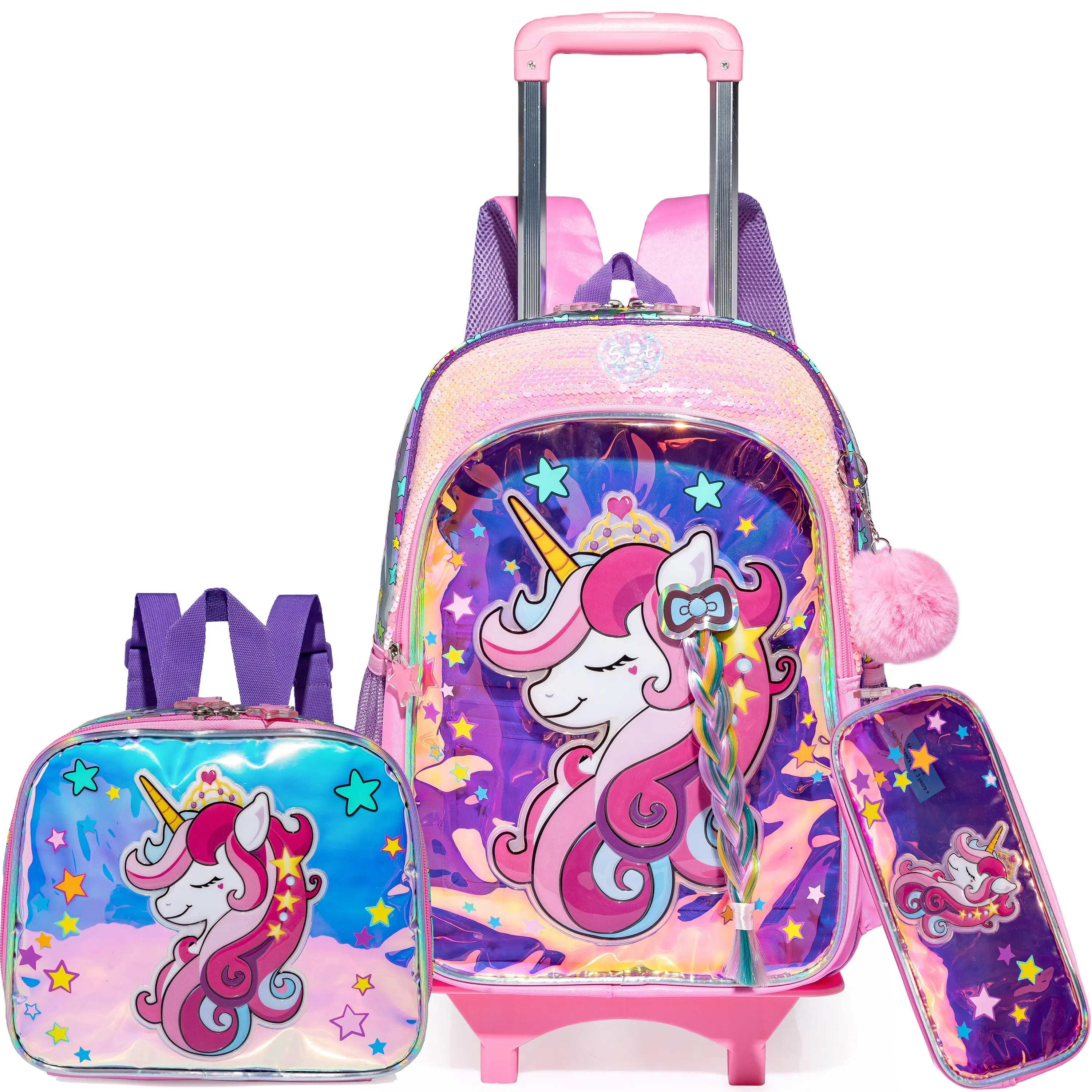 Cute Unicorn Rolling Backpack 3pcs Set for Girls | Aesthetic Laser Kids School Bag with Lunch Box & Pencil Case | Glitter Holographic Bookbag with Braided Hair & Wheels, Detachable Trolley Bag 2026