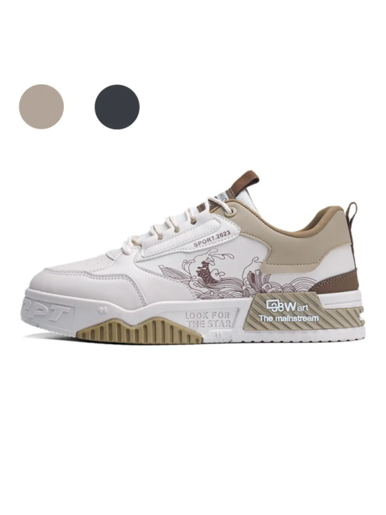 Men's Colorblock Sneakers, Sports Shoes, Lowtop Casual Sneaker, Wave Print, Thick Sole, Anti-Slip, Durable, Casual Streetwear, All Seasons, PU Leather, Rubber Sole