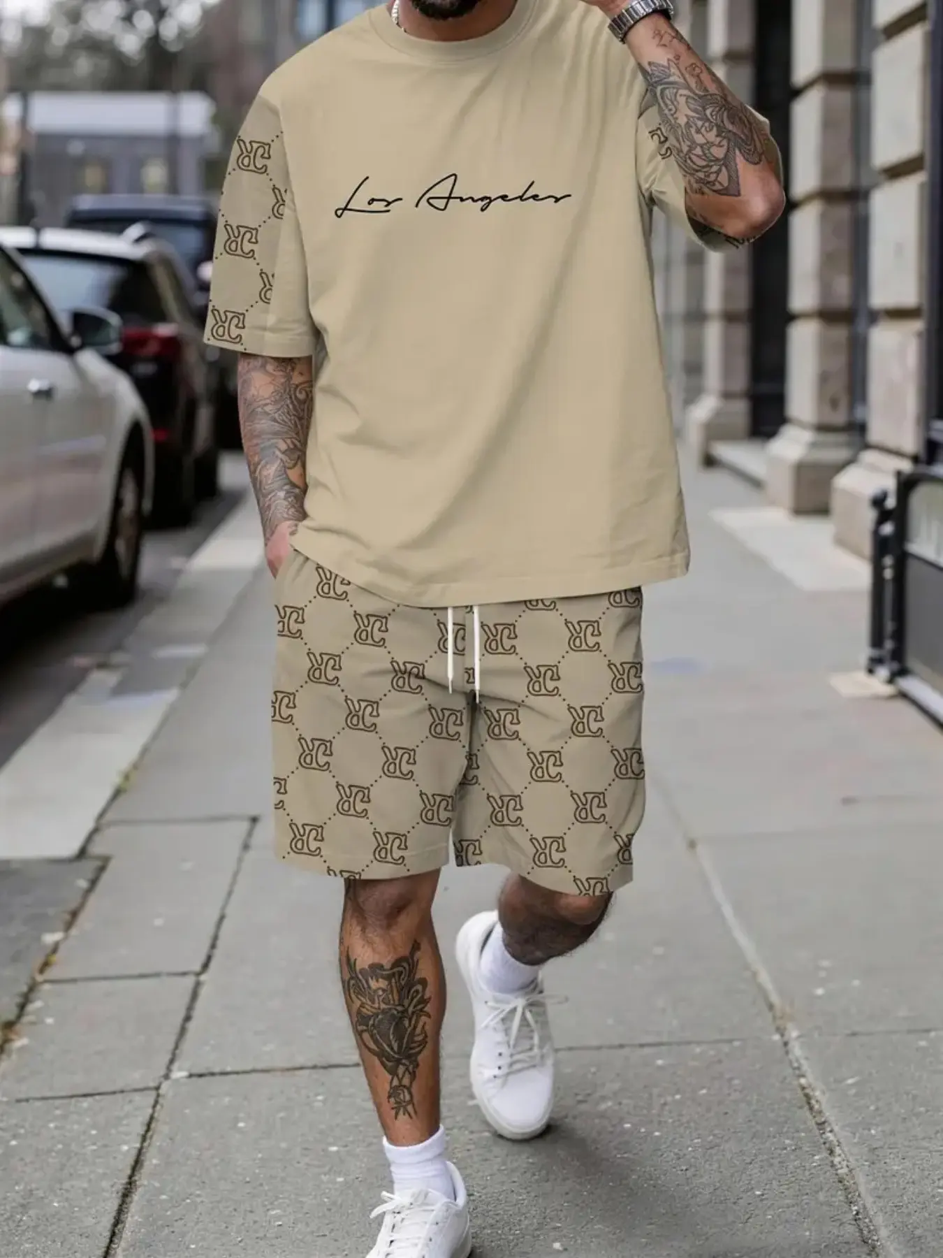 Men's Summer Casual Vacation Short Sleeve Essential Set, Los Angeles All-Over Print, Beach Fashion, Breathable Sporty Style, Perfect Holiday Gift, Menswear