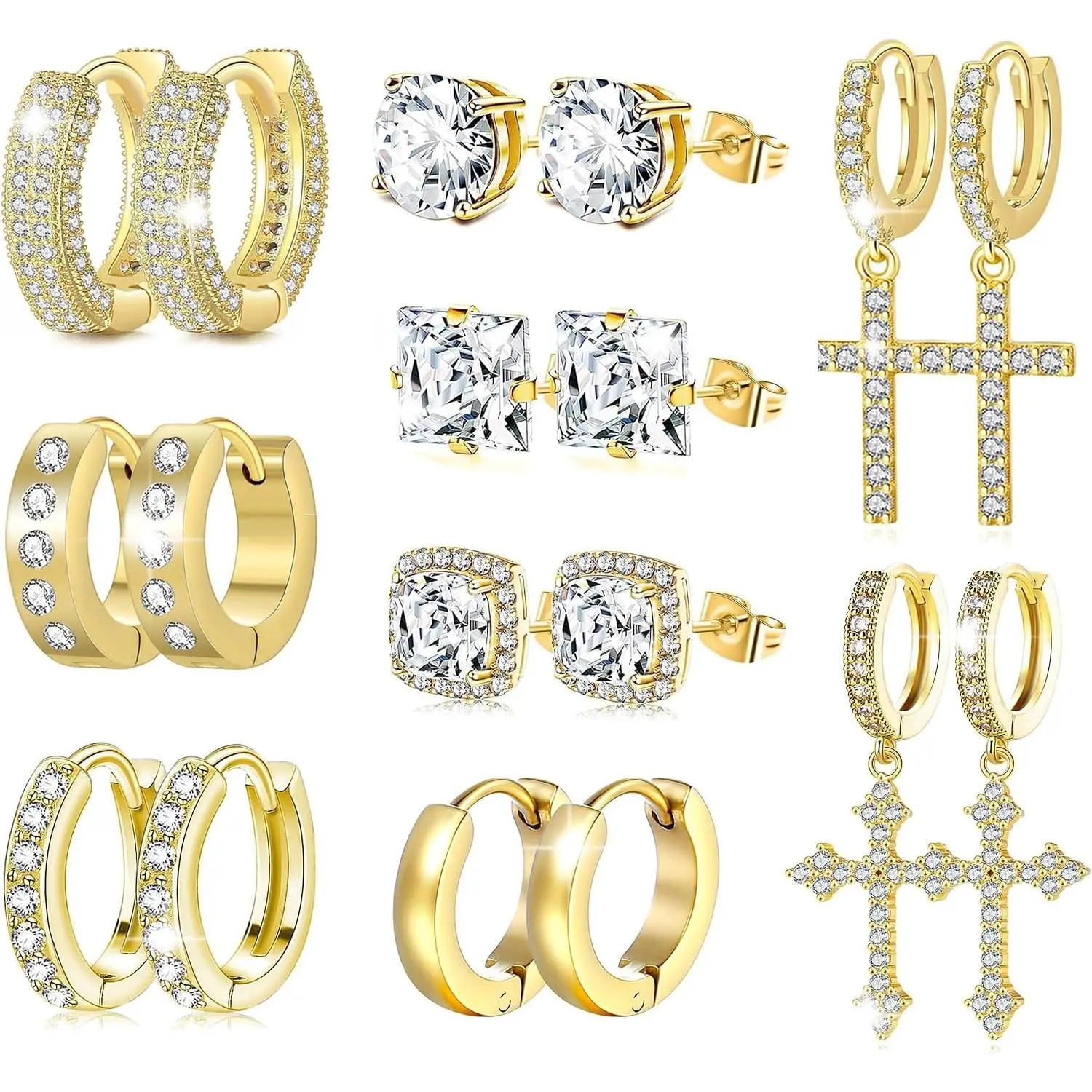 9 Pairs Earrings for Men Stainless Steel Small Hoop Earrings  CZ  Dangle Earrings Cubic Zirconia Stud Earrings Huggie Men's Earrings Set