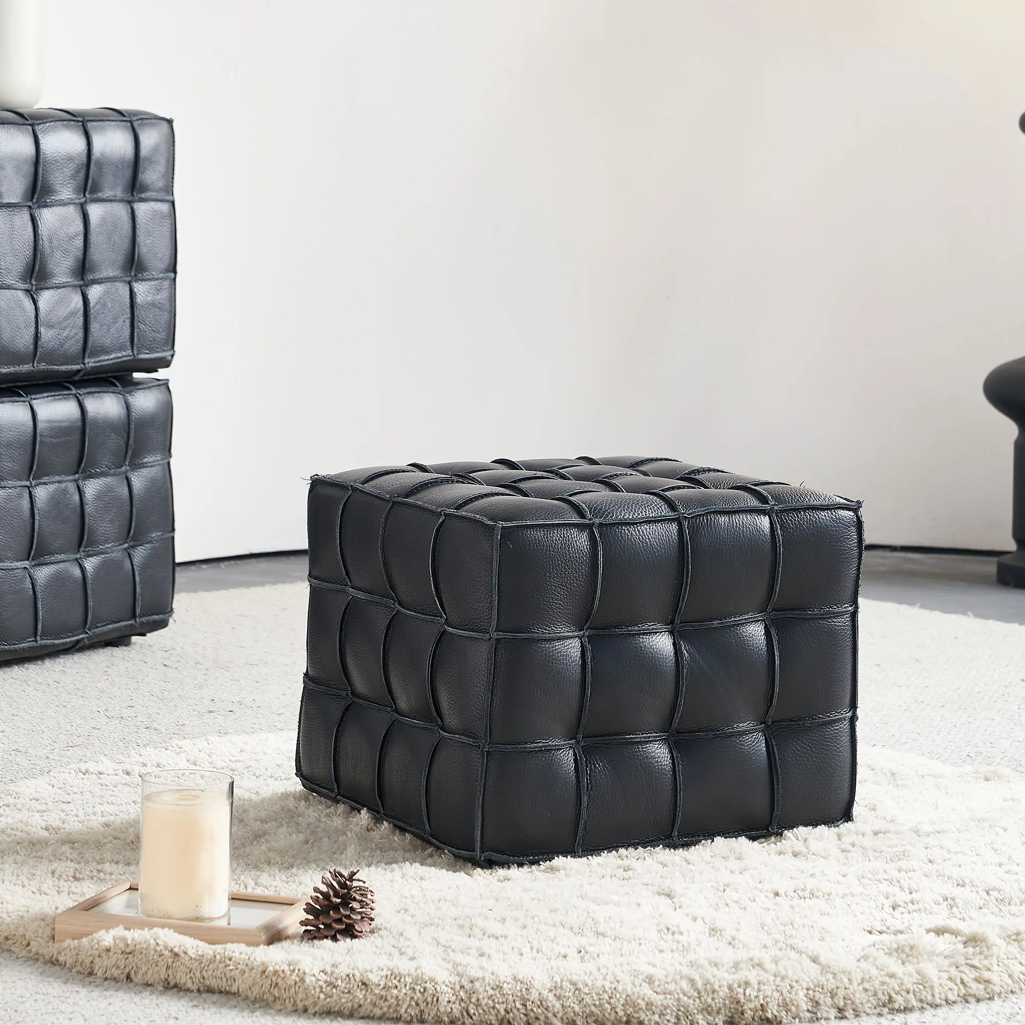 ARCH Genuine Leather Tufted Ottoman Footstool 17.32in Square Black Living Room Bedroom Modern Solid Wood Frame Foam Filled Medium-Firm Seat Coffee Table Extra Seat, Black Color Options, genuine leather Material, Modern Style, Product Dimensions: