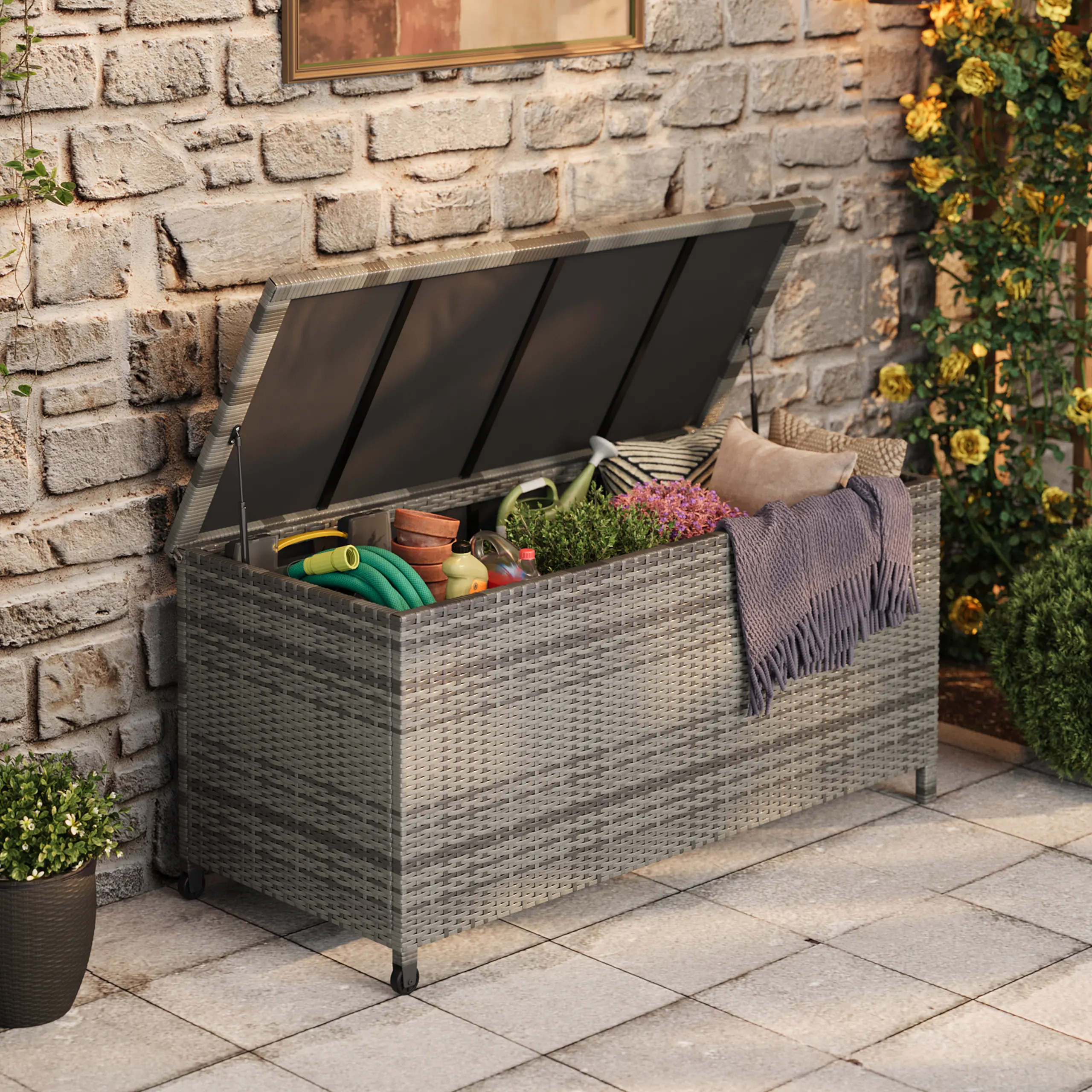Oversized Outdoor PE Rattan Deck Box, 125 & 185 Gallon Waterproof Patio Storage Chest with Rolling Wheels and Side Handles, Weatherproof Storage Bin for Patio Cushions, Garden Tools and Pool Supplies