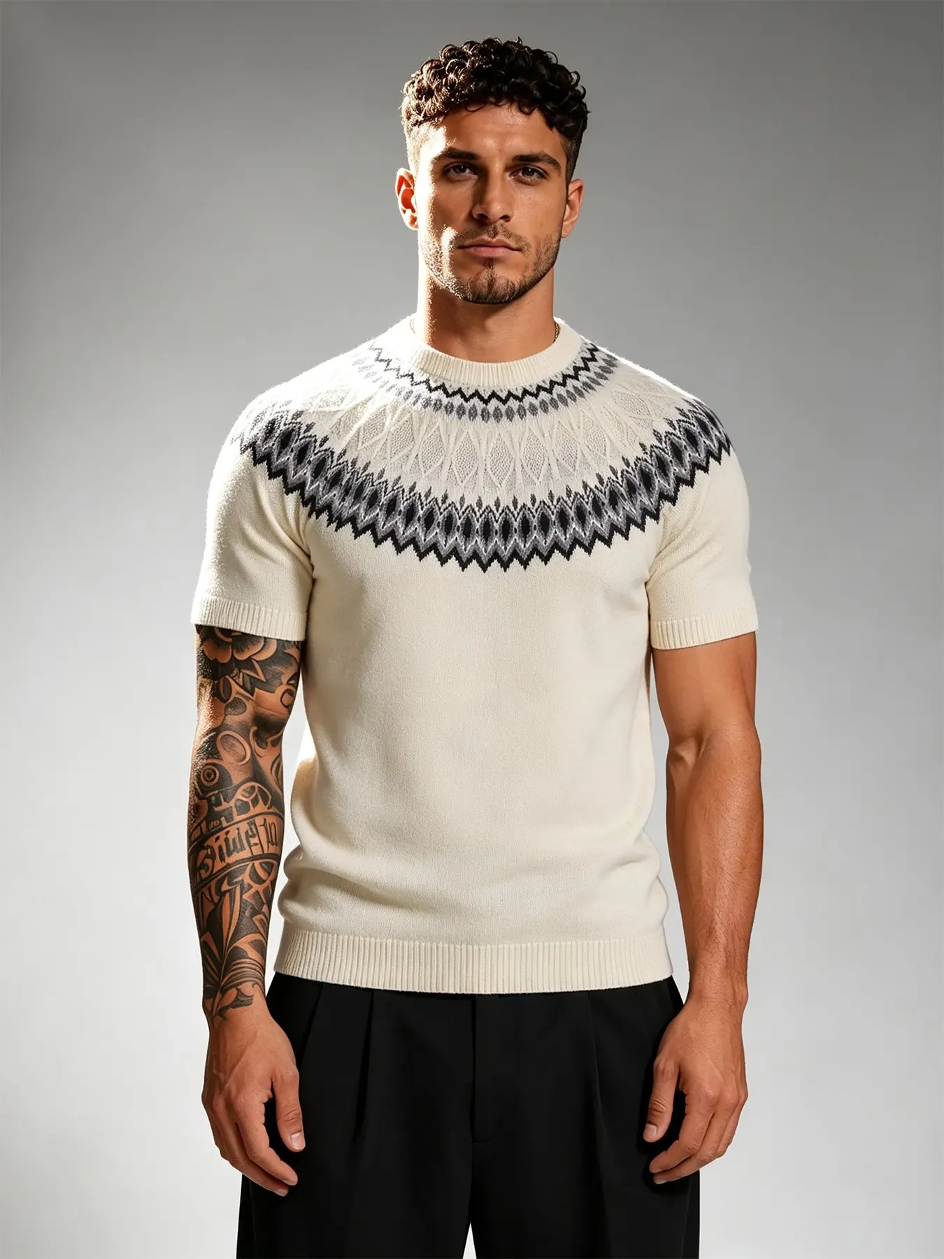 Men's Crew Neck Short Sleeve Knit Sweater, Retro Classic Graphic Knit Pullover, Spring Summer Smart Casual Daily, Comfortable and Stylish