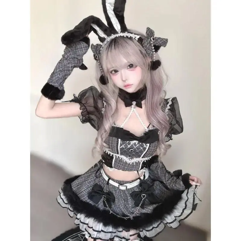 2026 Summer Gothic Harajuku Dark Puff Sleeve 2 Piece Set Women Bow Lace Crop Tops + Mini Skirt Y2k Hot Girl Party Lolita Outfits
