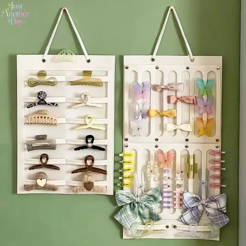 Punch-free Wall Mount Felt Hair Accessories Storage Bag, Multi-slots Large Capacity Hanging Organizer for Girls Bow Barrettes, Shark Clips, Hair Bands & Kids Headwear, Dorm Dresser Space-saving Hairpin Display Rack
