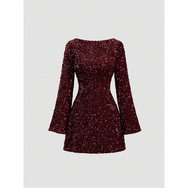 Women's Sequin Bodycon Dress Fall Winter Velvet Warm Long Sleeve Crew Neck Sexy Backless Glitter Slit Mini Dress,Backless, Contrast Sequin, Zipper,A Line
