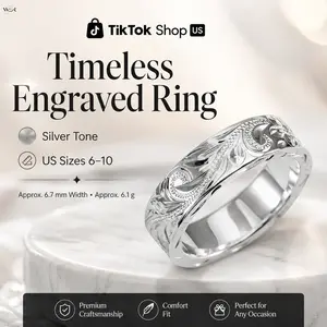 Timeless Hand Engraved Floral Scroll Silver Tone Comfort Fit Band Ring, Vintage Carved Leaf Pattern Wedding Stack Ring for Women Men
