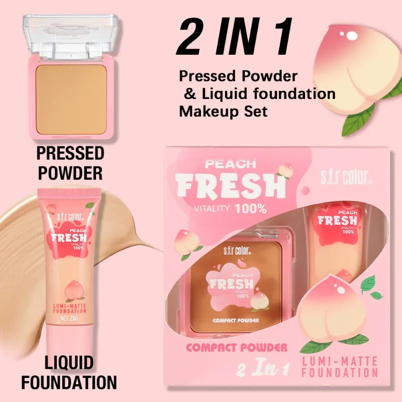 2 in 1 Peach Makeup Set, Lumi-Matte Liquid Foundation & Oil Control Pressed Powder Kit, Full Coverage Long Lasting Flawless Base Makeup for All Skin Types