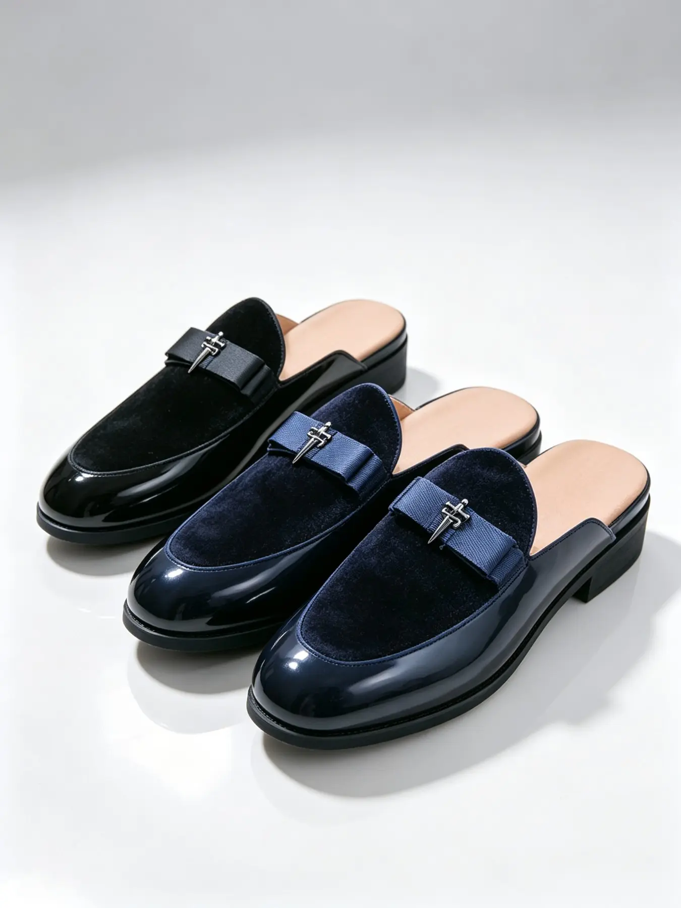 Men's Velvet Mule Slip-On Shoes, Luxury Bow Metal Buckle, Anti-Slip Flat Sole, Office & Home Wear, Business Casual, Large Sizes Available