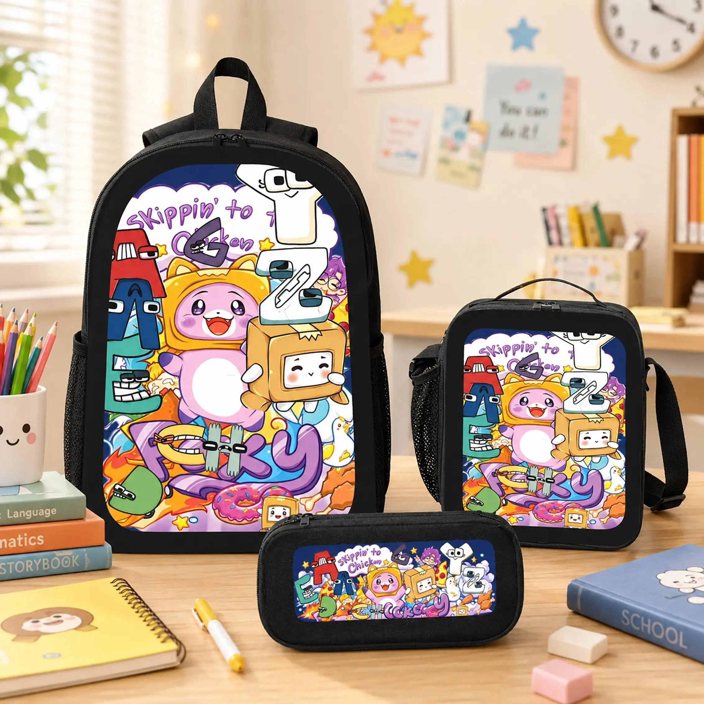 Lankybox Backpack Set Polyester 3 Piece Backpack Lunch Bag Pencil Case Large Capacity Lightweight Bookbag For School Travel Camping Boys Girls Kids Teens Students Cartoon Gamer Fans Back To School Birthday Gift