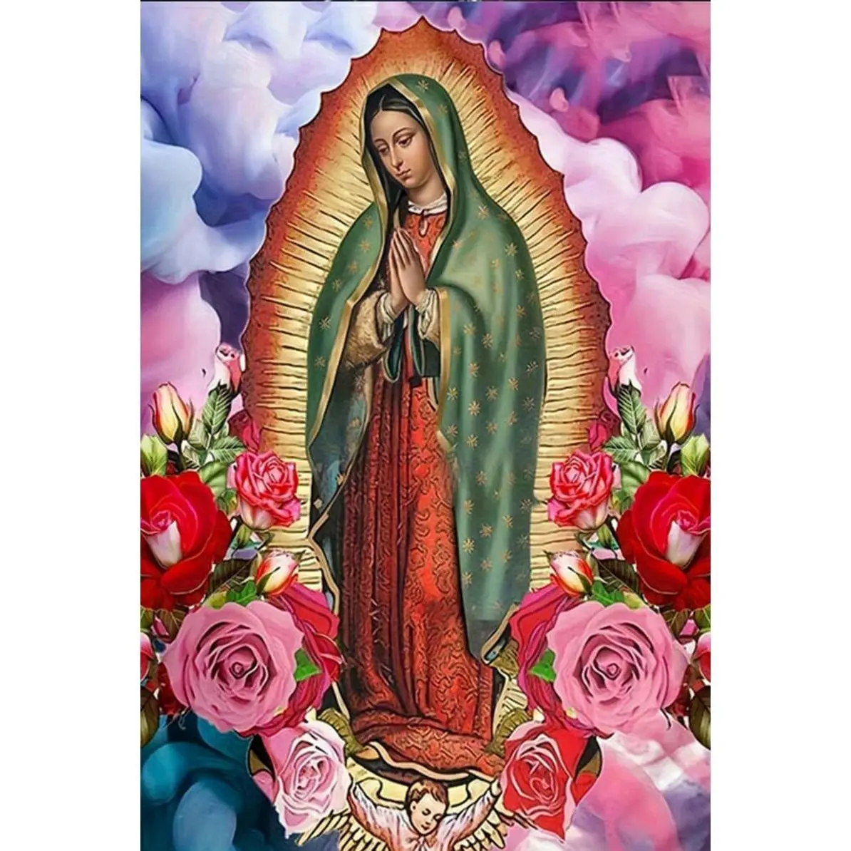 5D DIY Large Diamond Painting Cross Stitch Kit - Religious Our Lady of Guadalupe Virgin Mary with Red Pink Roses, Full Round & Square Drill Resin Rhinestones, Full Set of Crafting Tools, Living Room Home Decor Gift, Stress Relief Handmade Ornament