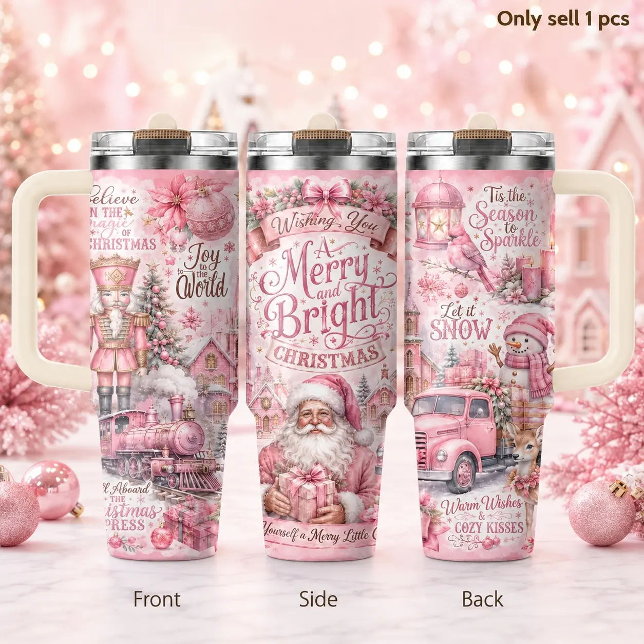 Santa Claus Christmas 40oz Tumbler – Festive Stainless Steel Insulated Travel Mug with Handle & Straw Lid for Coffee, Water, Holiday Parties, Office, Car, Fun Seasonal Gift, Portable Insulated Tumbler