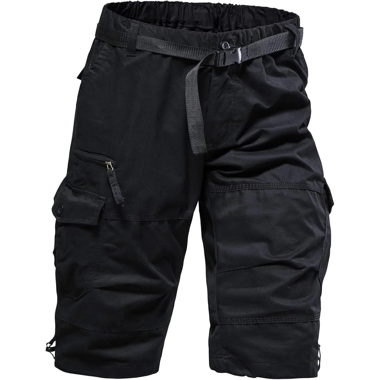 Men's Cargo Shorts 3/4 Relaxed Fit Running Shorts 7 Pockets Elastic Waist Cotton Hiking Shorts