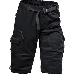 Men's Cargo Shorts 3/4 Relaxed Fit Running Shorts 7 Pockets Elastic Waist Cotton Hiking Shorts