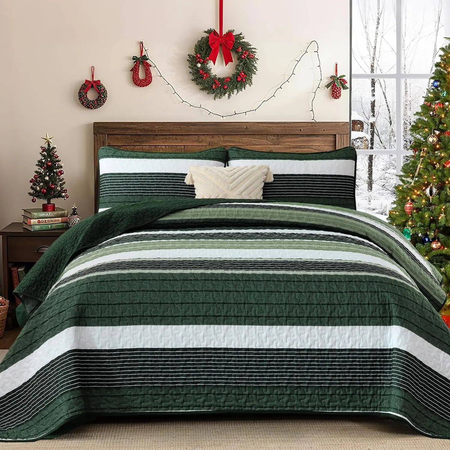 Striped  Quilt, 3 count Patchwork Bedspreads, Olive Green
