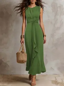 Women's Sleeveless Round Neck Plain Summer Dress, Chest Cutout Slimming Design, Waist Cinched A-Line Style, Perfect for Daily Casual Office Wear