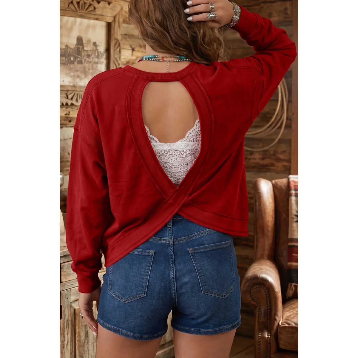 Women's Oversized Cutout Back Sweatshirt - Long Sleeves, Drop Shoulder, Ribbed Detail, Soft Fabric, Casual Fit, Stylish Pullover Top, Style, Round Neck, Back Cutouts, Oversized Shift, Poly-Cotton Mix, Ribbed Cuffs, Hoodie