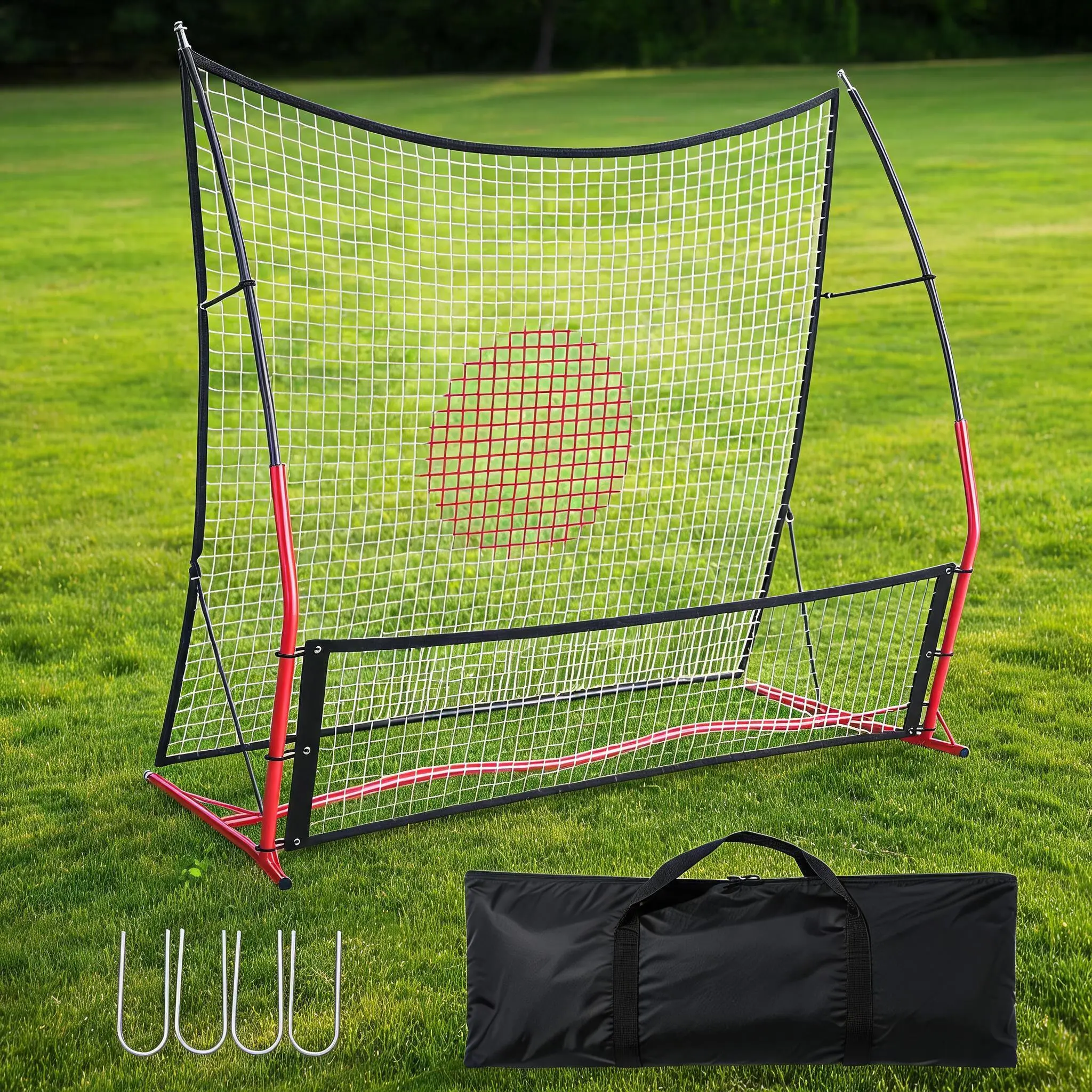 2-in-1 Soccer Rebounder Net for Kids & Adults – Dual-Sided Bounce Back Trainer – Adjustable 6x4.7FT Small & 6x16FT Large – Includes Portable Carry Bag & 4 Metal Ground Stakes – For Backyard or Team Training