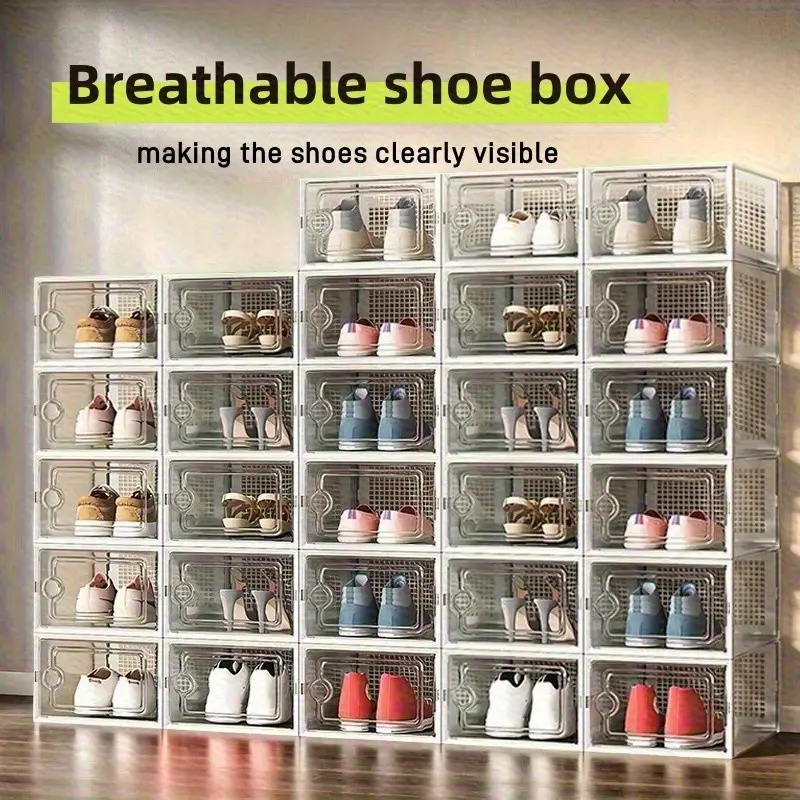 24-piece transparent shoe box, shoe bins and shoe cabinet, Closet shoe organizer - featuring heavy-duty buckle design, stackable modular shoe cabinet, quick assembly, transparent storage box, space-saving shoe display rack