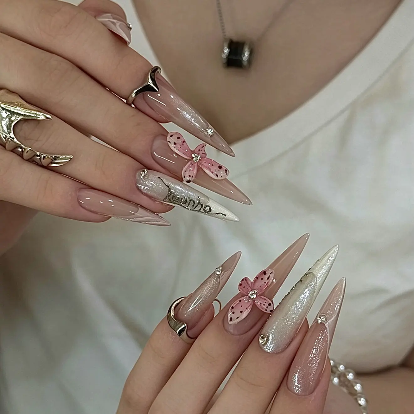 Milky Nude Shimmer Cat Eye White Gradient Hand Painted Black Spot 3D Pink Flower Tiny Clear Rhinestone Handwritten Letter Extra Long Stiletto Press On Nails Soft Minimal Coquette Spring Summer Date Wedding Bridal Neutral Elegant Glossy Reusable Romantic